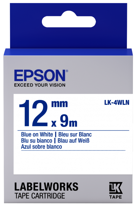 เทปพิมพ์ฉลาก Epson LK-4WLN 12 mm อักษรน้ำเงินบนพื้นขาว (9m)