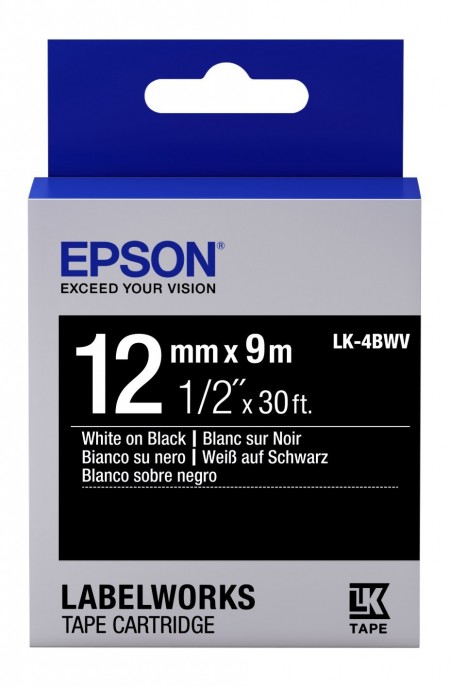 เทปพิมพ์ฉลาก Epson LK-4BWV 12 mm อักษรขาวบนพื้นดำ (9m)